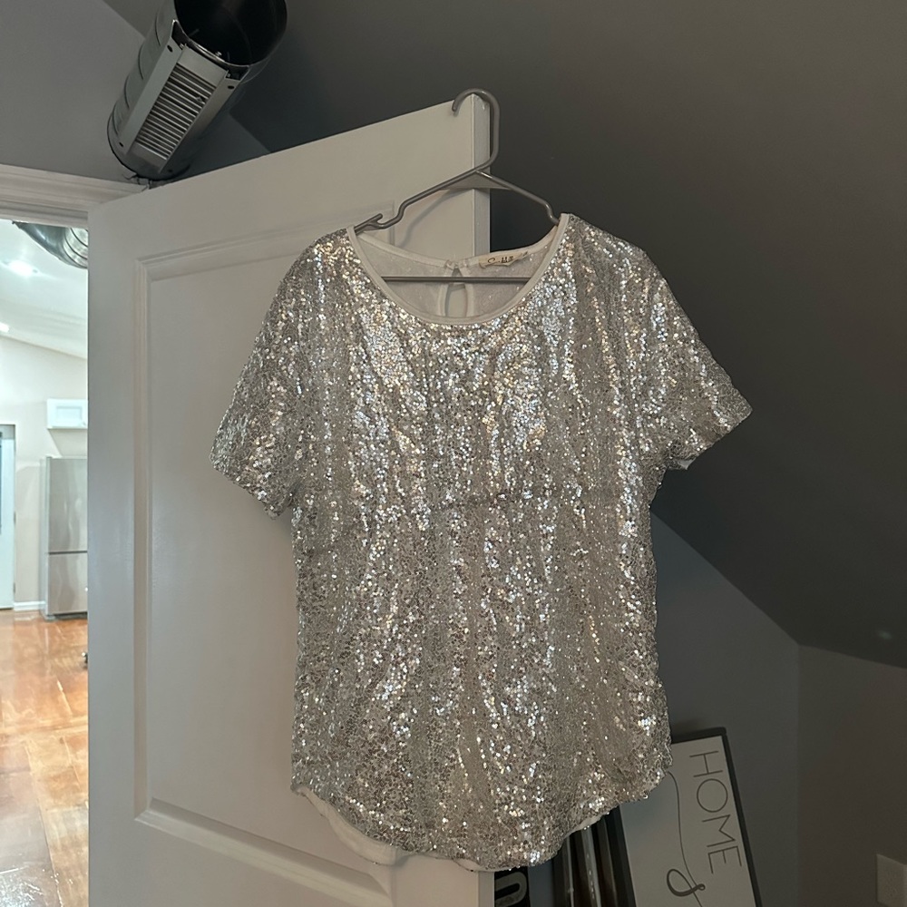 Silver Sequin Short Sleeve Top